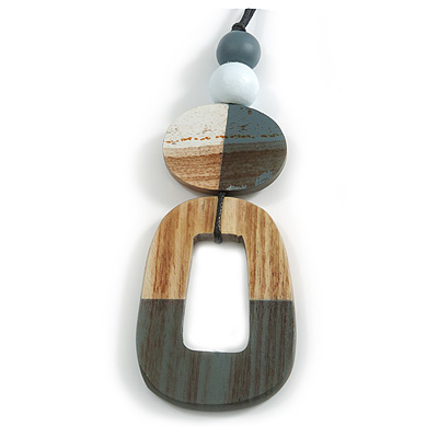 O-Shape White/ Grey Washed Wood Pendant with Black Cotton Cord - 88cm L/ 13cm Pendant