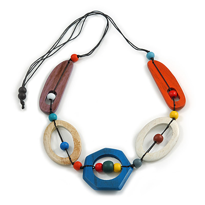Long Geometric Multicoloured Painted Wood Bead Black Cord Necklace - 90cm Max/ Adjustable