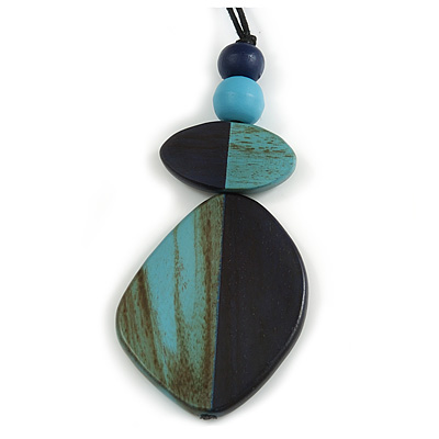 Dark Blue/Teal Geometric Wood Pendant Black Waxed Cotton Cord - 80cm L Max/ 13cm Pendant