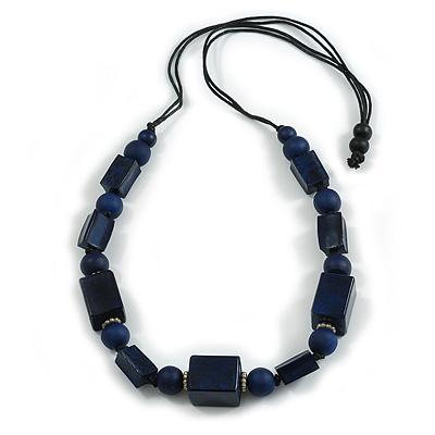 Chunky Dark Blue with Animal Print Cube and Ball Wood Bead Cord Necklace - 90cm Max
