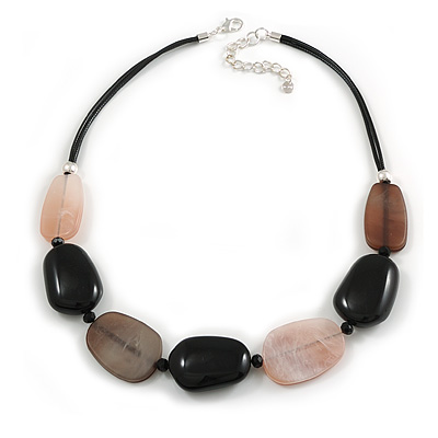 Grey/Black/Beige Oval Acrylic/Resin Bead Black Cords Chunky Necklace - 64cm L/ 8cm Ext