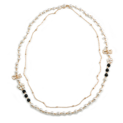 Faux Pearl White/ Black Bead With Enamel Flower/ Bow Motif Double Chain Long Necklace in Gold Tone - 84cm L