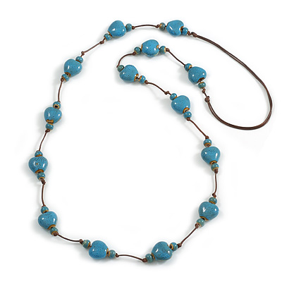 Dusty Blue Ceramic Heart Bead Brown Silk Cord Long Necklace/90cm L/Adjustable/Slight Variation In Colour/Natural Irregularities