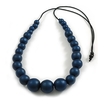 Chunky Dark Blue Graduated Wood Bead Black Cord Necklace - 84cm Max/ Adjustable