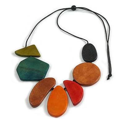 Multicoloured Geometric Wood Necklace with Black Cotton Cord/ 100cm Long/ Adjustable