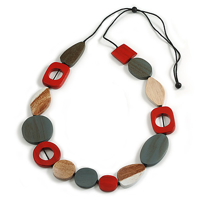 Red/Grey/White Geometric Wood Bead Cotton Cord Long Necklace - 120cm L/ Adjustable