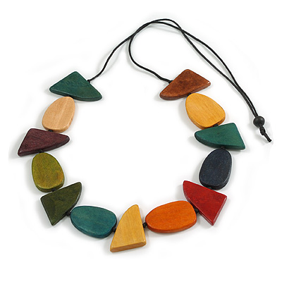 Worn Effect Multicoloured Geometric Wooden Bead Black Cotton Cord Long Necklace/ 108cm Long/ Adjustable