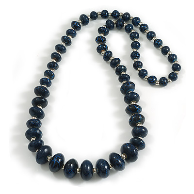 Cracked Effect Black/Blue Graduated Wood Bead Long Necklace - 78cm Long