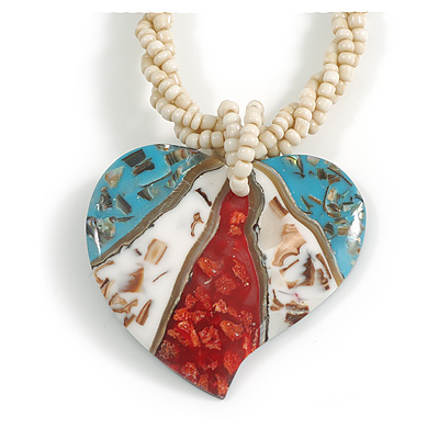 Heart Shell Pendant with Antique White Twisted Cord Necklace in White/Teal/Red Colours - 44cm Long