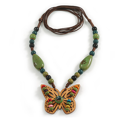 Green Hues Ceramic Bead with Wooden Butterfly Pendant Brown Silk Cord Necklace/ 70cm L/Slight Variation In Colour/Natural Irregularities