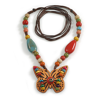 Multicoloured Ceramic Bead with Wooden Butterfly Pendant Brown Silk Cord Necklace/ 70cm L/Slight Variation In Colour/Natural Irregularities