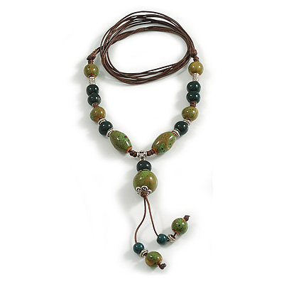 Olive Green/Dark Green Ceramic Bead Tassel Brown Silk Cord Necklace/70cm to 80cm L/Slight Variation In Colour/Natural Irregularities