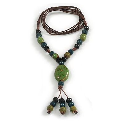 Green Shades Ceramic Bead Tassel Brown Silk Cord Necklace/64cm to 80cm L/Slight Variation In Colour/Natural Irregularities