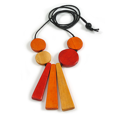 Red, Yellow & Orange Eco-Friendly Handmade Wooden Necklace with Black Adjustable Cotton Cord – Geometric Shape, 100cm Max Length, 9cm Front Drop