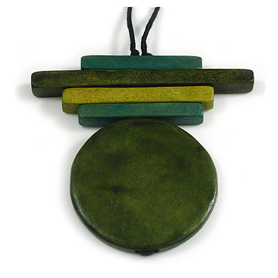 Green, Olive & Teal Eco-Friendly Wooden Geometric Pendant Necklace with Black Adjustable Cotton Cord – 88cm Max Length, 9cm Pendant