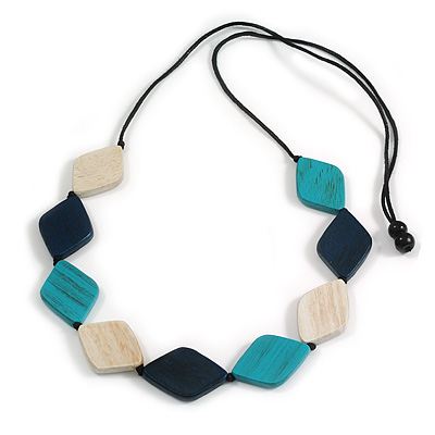 Turquoise, White & Navy Eco-Friendly Wooden Necklace with Black Adjustable Cotton Cord – Geometric Diamond Shape, 88cm Max Length