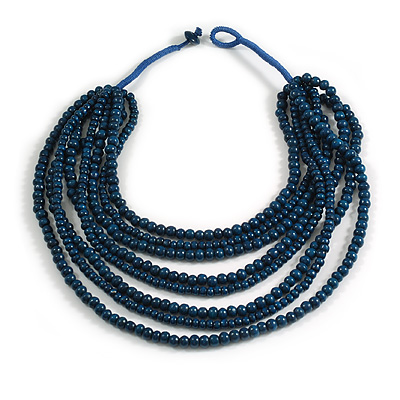 Dark Blue Eco-Friendly Wooden Layered Necklace with Blue Cord Closure – 46cm to 74cm Length