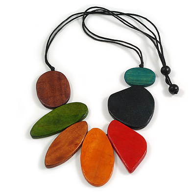 Multicoloured Eco-Friendly Geometric Wooden Necklace with Black Adjustable Cotton Cord –  80cm Max Length, 7cm Front Drop