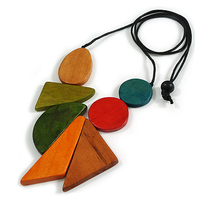 Multicoloured Eco-Friendly Wooden Necklace with Black Adjustable Cotton Cord – Geometric Shape, 88cm Max Length, 8cm Front Drop