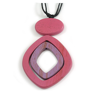Pink & Purple Eco-Friendly Wooden Geometric Pendant Necklace with Black Adjustable Cotton Cord – 50cm Min Length, 11cm Pendant