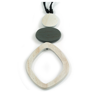 Off White & Grey Eco-Friendly Statement Wooden Pendant with Black Adjustable Cotton Cord – Geometric Shape, 50cm Min Length