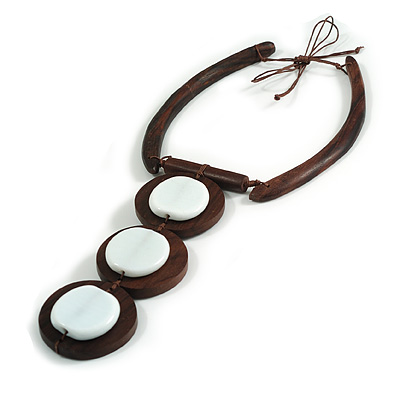 Brown Eco-Friendly Wooden Necklace with White Ceramic Beads – Structural Design, 43cm Min Length, 15cm Pendant