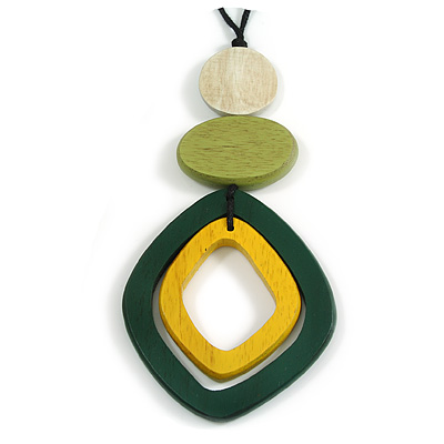 Green/Yellow/Lime Geometric Wooden Bead Long Pendant Necklace with Adjustable Black Cotton Cord - Eco-Friendly - 78cm Long/ 14cm Pendant