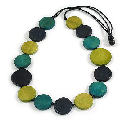 Blue/Olive/Teal Geometric Round Wooden Bead Necklace with Adjustable Black Cotton Cord - Eco-Friendly - 80cm Max Length