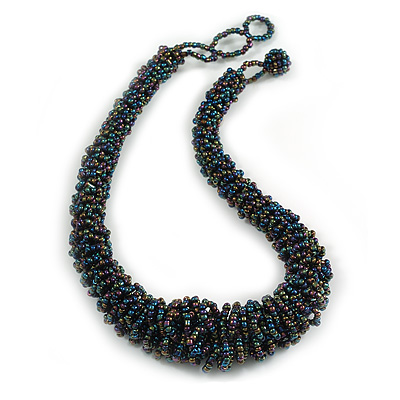 Peacock Eco-Friendly Glass Seed Beaded Chunky Necklace with Button and Loop Closure – 44cm Long with 5cm Extender