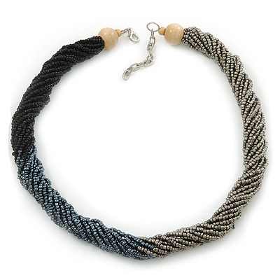 Multistrand Twisted Black/ Metallic Silver/ Metallic Beige Glass  Bead Choker Neklace In Silver Tone - 42cm Length/ 5cm Extender