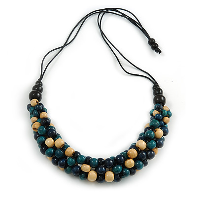 Dark Blue/ Natural/ Teal Cluster Wood Bead Chunky Necklace with Black Cotton Cord - 70cm L