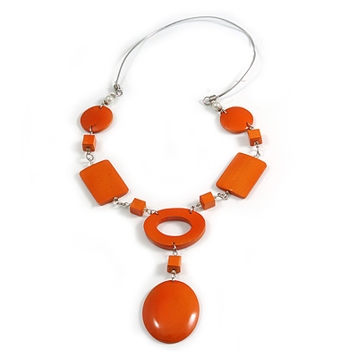 Statement Orange Wood Bead Geomentric Silver Cord Necklace - 66cm L/ 13cm Front Drop
