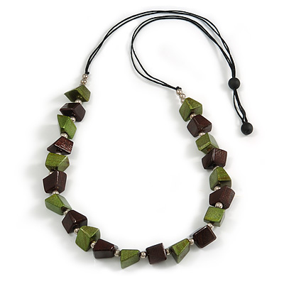 Green/ Brown Wood Bead Black Cotton Cord Necklace - 90cm Long
