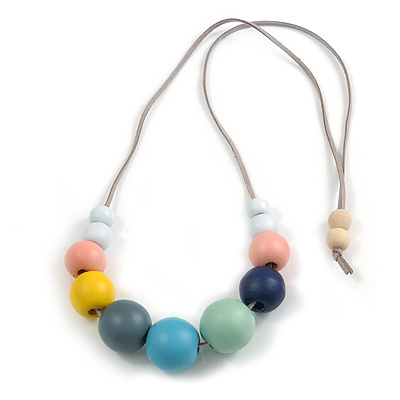 Multicoloured Graduated Wood Bead Grey Suede Cord Necklace - 80cm L - Adjustable