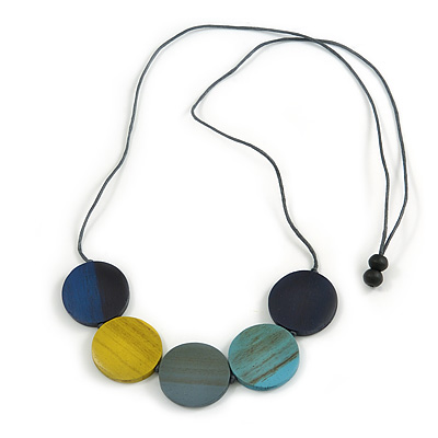 Multicoloured Wood Coin Bead Grey Cotton Cord Necklace - 94cm L (Max Length) Adjustable