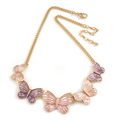 Pastel Pink/ Purple Enamel Butterfly with Gold Tone Chain Necklace - 40cm L/ 6cm Ext