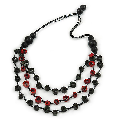 Layered Red/ Green/ Black Bone Bead Cotton Cord Necklace - 78cm L