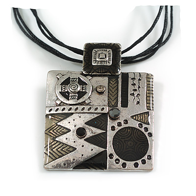 Square Shaped Ornate Cord Pendant (Antique Silver Tone)