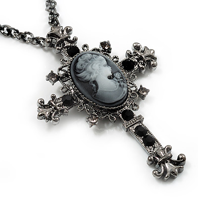 Victorian Cross Cameo Pendant Necklace (Gun Metal) - 65cm Length