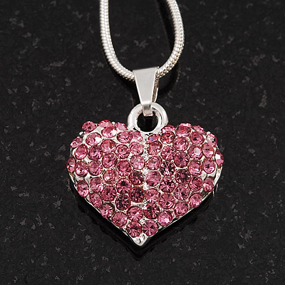 Small Pink Crystal Puffed 'Heart' Pendant Necklace In Rhodium Plated ...