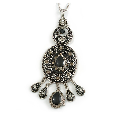 Victorian Style Black Enamel, Floral Charm Pendant With 80cm L Pewter Tone Chain