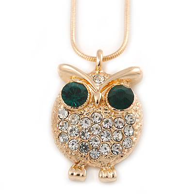 Clear/ Green Crystal Owl Pendant with Snake Type Chain In Gold Tone Metal - 46cm L/ 4cm Ext