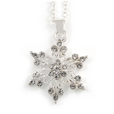 Christmas Clear Snowflake Pendant with Silver Tone Chain - 40cm L/ 5cm Ext