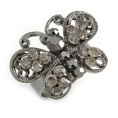 Ash Grey Diamante Butterfly Ring (Black Tone)