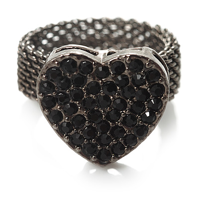 Black Swarovski Crystal Mesh Heart Ring (Gun Metal)