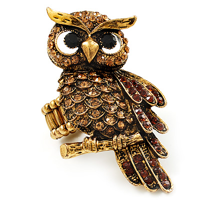 Charming Diamante Antique Gold Owl Stretch Ring - avalaya.com
