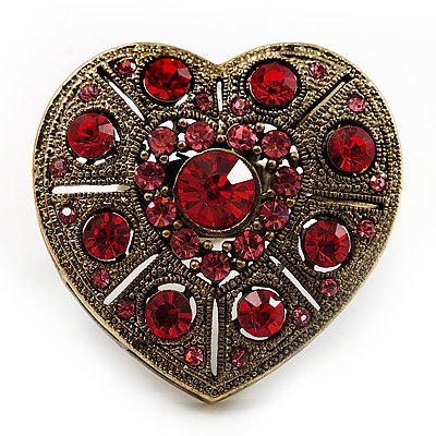 Large Antique Gold Red Crystal Heart Ring - Size 8/9 (Adjustable)