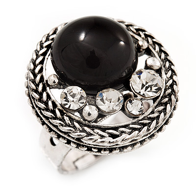 Open Button Shaped Diamante Fancy Ring In Burn Silver