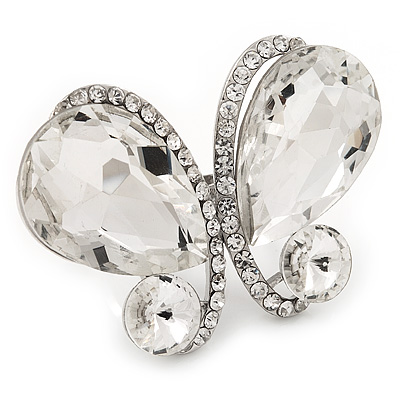 Large Clear Crystal 'Butterfly' Ring In Rhodium Plated Metal - Adjustable (Size 7/9)