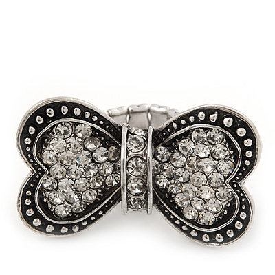 'Opposites Attract' Swarovski Encrusted Heart Bow Cocktail Stretch Ring - Rhodium Plated (Clear Crystals) - Adjustable size 7/8
